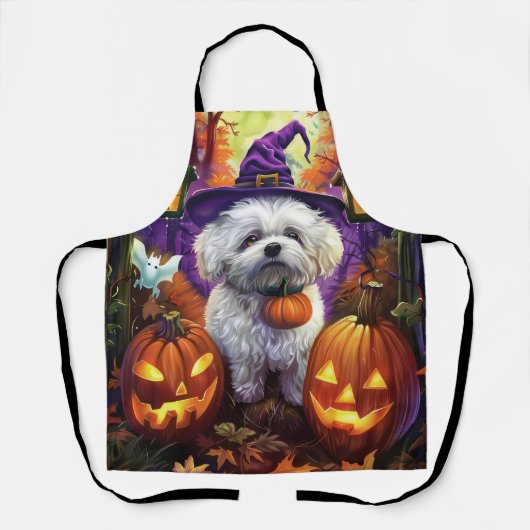 Spooky Bichon Frise Halloween heks en pompoen Schort (Voorkant)