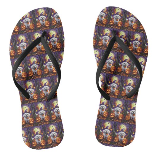 Spooky Bichon Frise Halloween heks en pompoen Teenslippers (Voetbed)