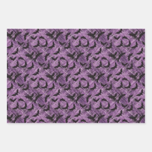 Spooky Black Bat Pattern op Grungy Paarse Inpakpapier Vel (Voorkant 2)