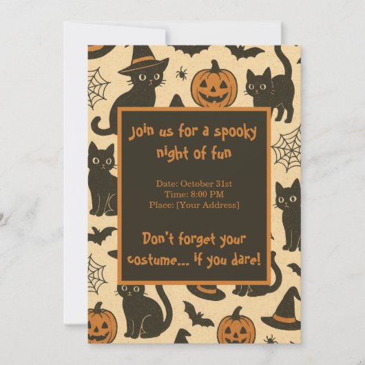 Spooky Black Cat en Pumpkin Halloween Party Kaart (Voorkant)