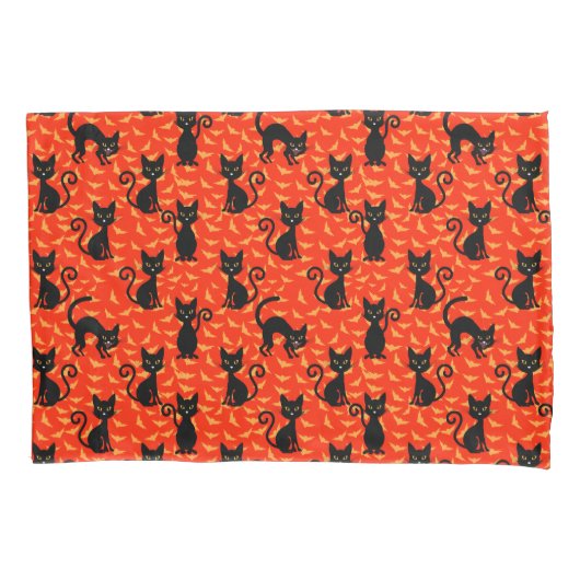 Spooky Black Cat Halloween Oranje vleermuizen Kussensloop (Voorkant)