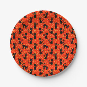 Spooky Black Cat Halloween Oranje vleermuizen Papieren Bordje