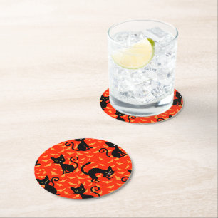 Spooky Black Cat Halloween Oranje vleermuizen Ronde Kartonnen Onderzetter