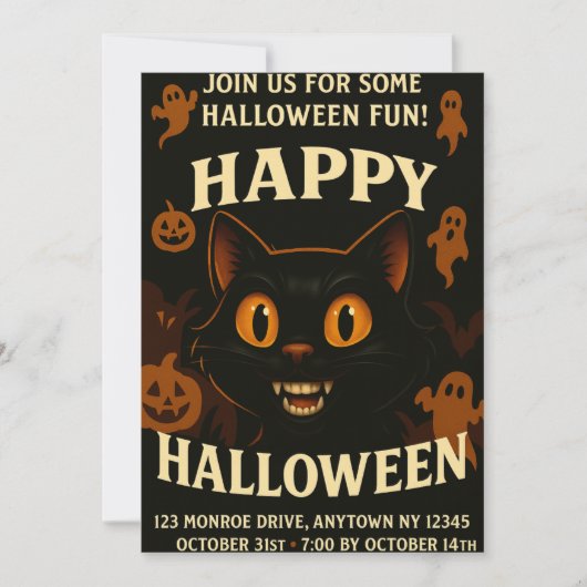 Spooky Black Cat Halloween Party Kaart (Voorkant)