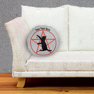 Spooky Black Cat op Pentagram Gold Star Grey Rond Kussen