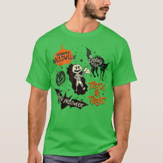 Spooky Black Cat Pumpkin Trick or treat Funny Hall T-shirt