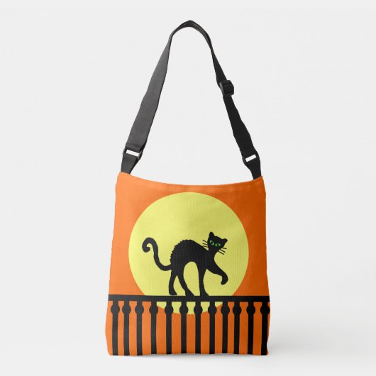 Spooky Black Cat Walking op hek Moon Sinaasappel Crossbody Tas (Voorkant)