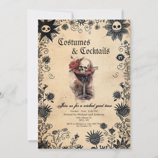 Spooky bloemen en Scull kostuum Halloween Party Kaart (Voorkant)