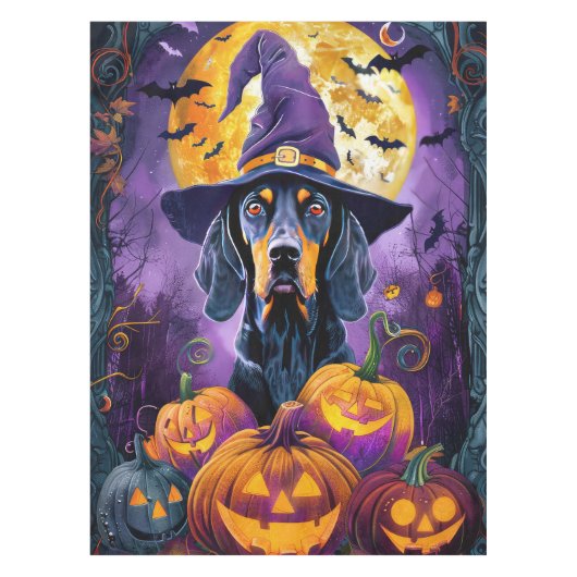 Spooky Bluetick Coonhound Halloween Witch Pumpkin Tafelkleed (Voorkant)