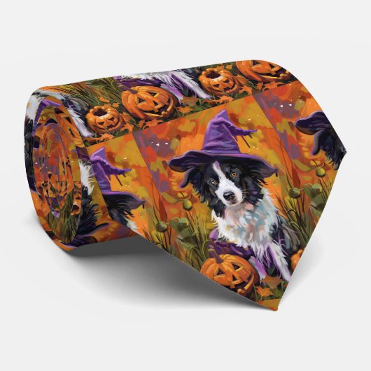 Spooky Border Collie Halloween heks en pompoen Stropdas (Opgerold)