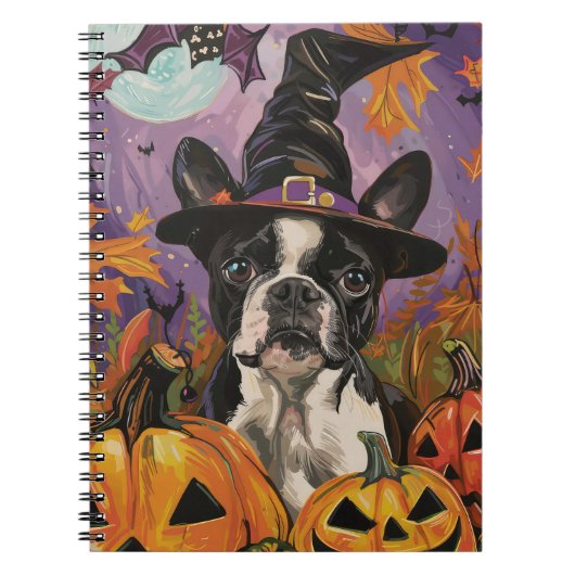 Spooky Boston Terrier Halloween heks en pompoen Notitieboek (Voorkant)