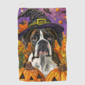 Spooky Boxer Halloween Witch and Pumpkin Golfhanddoek (Voorkant)