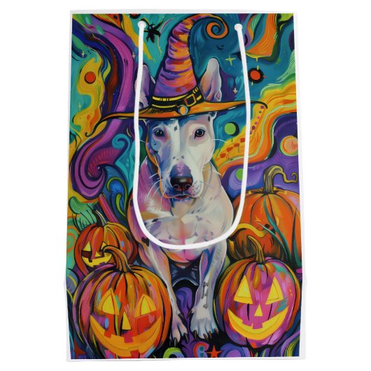Spooky Bull Terrier Halloween heks en pompoen Medium Cadeauzakje (Achterkant)