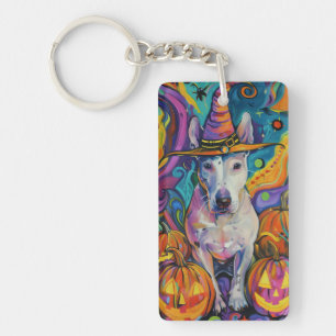 Spooky Bull Terrier Halloween heks en pompoen Sleutelhanger