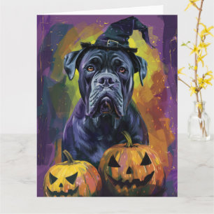 Spooky Bullmastiff Hond Halloween Heks en Pompoen Kaart