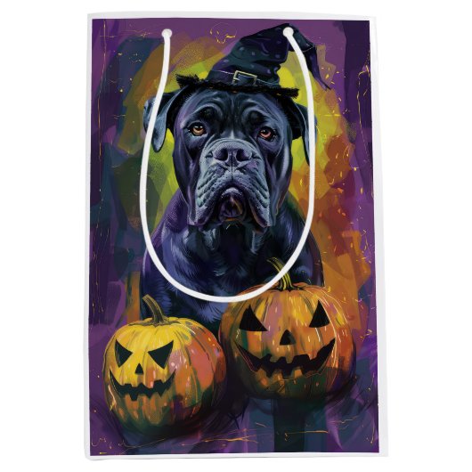 Spooky Bullmastiff Hond Halloween Heks en Pompoen Medium Cadeauzakje (Voorkant)
