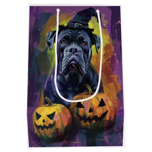 Spooky Bullmastiff Hond Halloween Heks en Pompoen Medium Cadeauzakje (Achterkant)