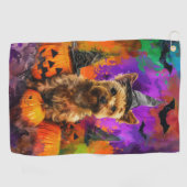 Spooky Cairn Terrier Hond Halloween Heksenpompoen Golfhanddoek (Horizontaal)