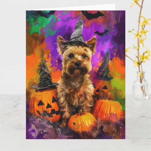 Spooky Cairn Terrier Hond Halloween Heksenpompoen Kaart (Gele Bloem)