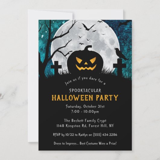 Spooky Carved Pumpkin Graveyard Halloween Party Kaart (Voorkant)