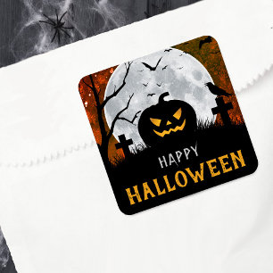 Spooky Carved Pumpkin Graveyard Halloween Party Vierkante Sticker