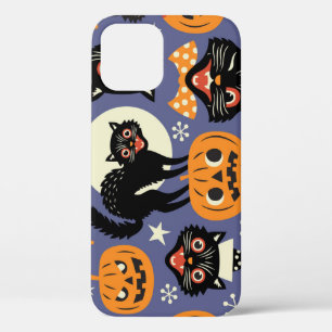 Spooky Cats Pompoenen Paarse Patroon iPhone 12 Hoesje