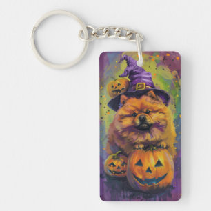 Spooky Chow Chow Dog Halloween Heks en Pompoen Sleutelhanger