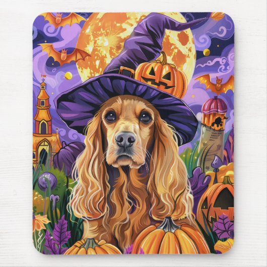 Spooky Cocker Spaniel Hond Halloween Heksenpompoen Muismat (Voorkant)