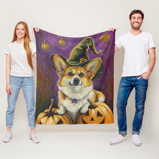 Spooky Corgi Dog Halloween Witch Pumpkin Fleece Deken (In situ)