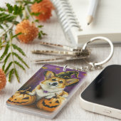 Spooky Corgi Dog Halloween Witch Pumpkin Sleutelhanger (Voorkant Rechts)