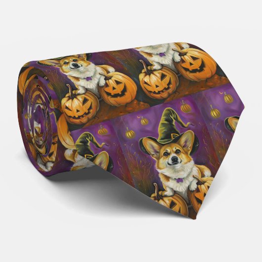 Spooky Corgi Dog Halloween Witch Pumpkin Stropdas (Opgerold)
