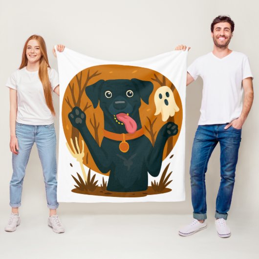 Spooky Cute Black Dog with Ghost  Fleece Deken (In situ)