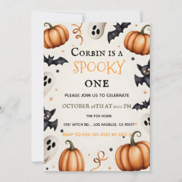 Spooky Cute Ghost & Bat Halloween Birthday Invitat Kaart