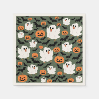 Spooky Cute Ghost Chickens with Pumpkins and Bats Servet