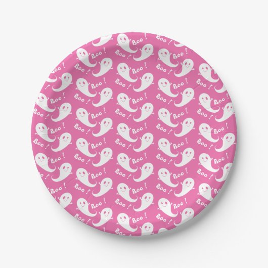 Spooky Cute Ghost Pattern Pink Paper Plate Papieren Bordje (Voorkant)