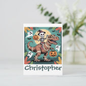 Spooky Dino Rider - Skeleton op Mummy T-Rex Briefkaart (Staand voorkant)