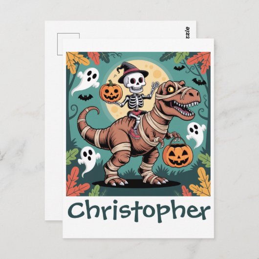 Spooky Dino Rider - Skeleton op Mummy T-Rex Briefkaart (Voorkant / Achterkant)