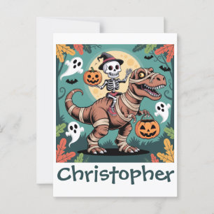 Spooky Dino Ruiter – Skelet op Mummie T-Rex Briefkaart