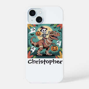 Spooky Dino Ruiter – Skelet op Mummie T-Rex iPhone 15 Hoesje