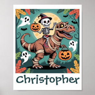 Spooky Dino Ruiter – Skelet op Mummie T-Rex Poster