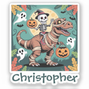 Spooky Dino Ruiter – Skelet op Mummie T-Rex  Sticker