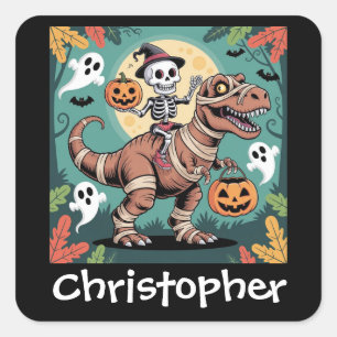 Spooky Dino Ruiter – Skelet op Mummie T-Rex  Vierkante Sticker