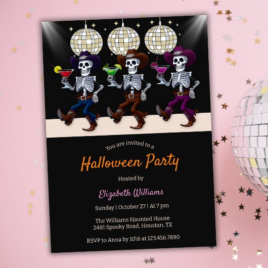 Spooky Disco Dancing Skeletons Halloween Party Kaart