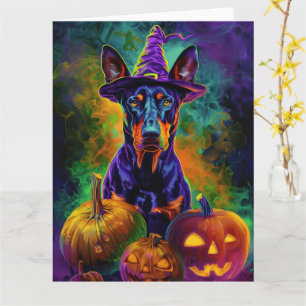 Spooky Doberman Hond Halloween Heks en Pompoen Kaart