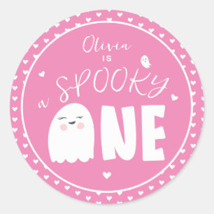 Spooky Een Meisjes Roze Spook Halloween 1e Verjaar Ronde Sticker