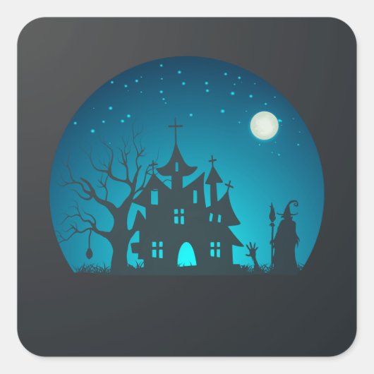 Spooky en Fun Blue en Black Haunted House Vierkante Sticker (Voorkant)