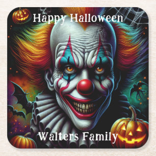 Spooky Enge Clown Halloween Party Gepersonaliseerd Vierkante Kartonnen Onderzetter