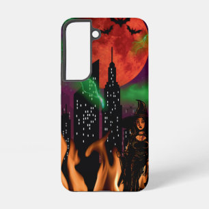 Spooky Fire Witch Cityscape Rode Maan Halloween Samsung Galaxy Hoesje