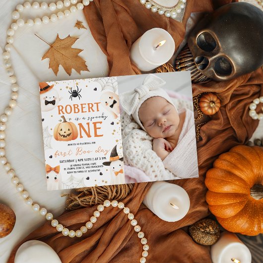 Spooky First Birthday Photo Invite Kaart