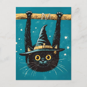 Spooky Flying Black Cat Witch Feestdagenkaart
